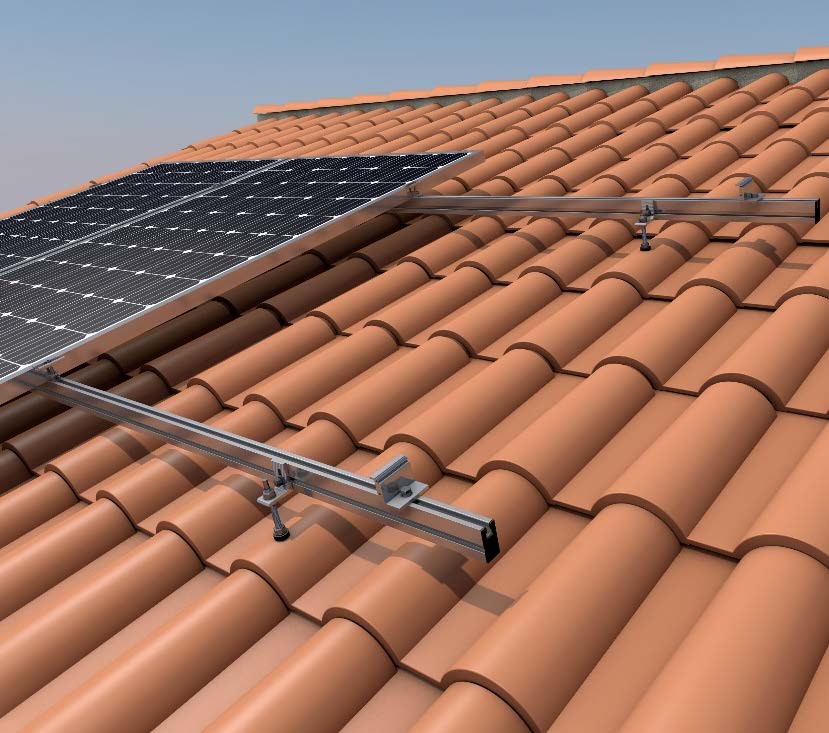 01V6-250-C. Suporte coplanar para 6 painéis verticais aparafusados, cobertura de telha. Crudo